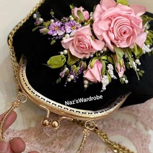 Handbag with shoulder strap , Unique rose embroidery bag kiss lock handbag unique ribbon embroidery