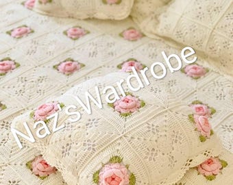 Crochet 3D roses king size Bedspread set with  pillow case Throw Granny Square crochet afghan blanket Knitted  Mother Day Gift Wedding Gift