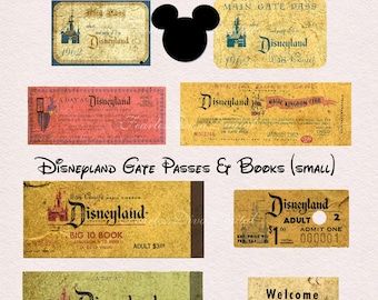 May include: A collection of vintage Disneyland gate passes and ticket books. The passes are yellowed with age and feature the iconic Disneyland castle and Mickey Mouse. The text on the passes includes "Disneyland", "Walt Disney's Magic Kingdom", "A Day at Disneyland", "Big 10 Book", "Adult", "Junior", and "Child".