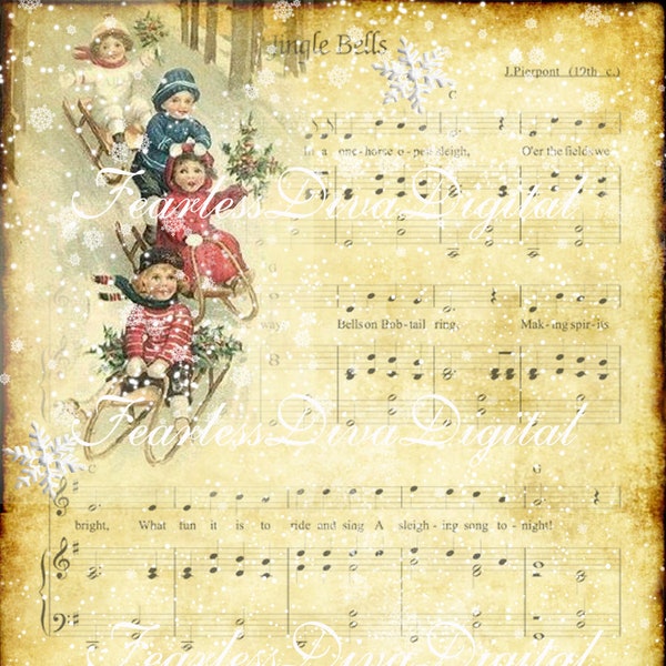 PRINTABLE Digital Vintage Jingle Bells Christmas Scrapbook Paper Instant Download  11x8.5 Inches 300 dpi  Music Sheet