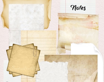 May include: A collection of vintage paper textures, including lined paper, blank paper, and torn edges. The paper is aged and has a yellowed hue. The text "Notes" is written in black cursive on one of the papers.