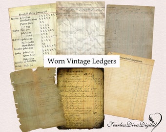 PRINTABLE Digital Vintage Ledgers Paper Pack 11x8.5" 300 dpi Instant Download 6 Papers