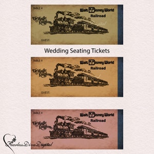 May include: A vintage-style wedding seating ticket with a black and white illustration of a steam train. The ticket has a tan background with blue borders and the text "Walt Disney World Railroad" and "The Magic Kingdom".