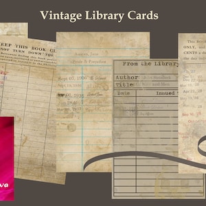 Vintage Books Scrapbook Digital Paper AGB21 Printable Library Cards and Pockets Floral Library Ephemera Junk Journal Supplies