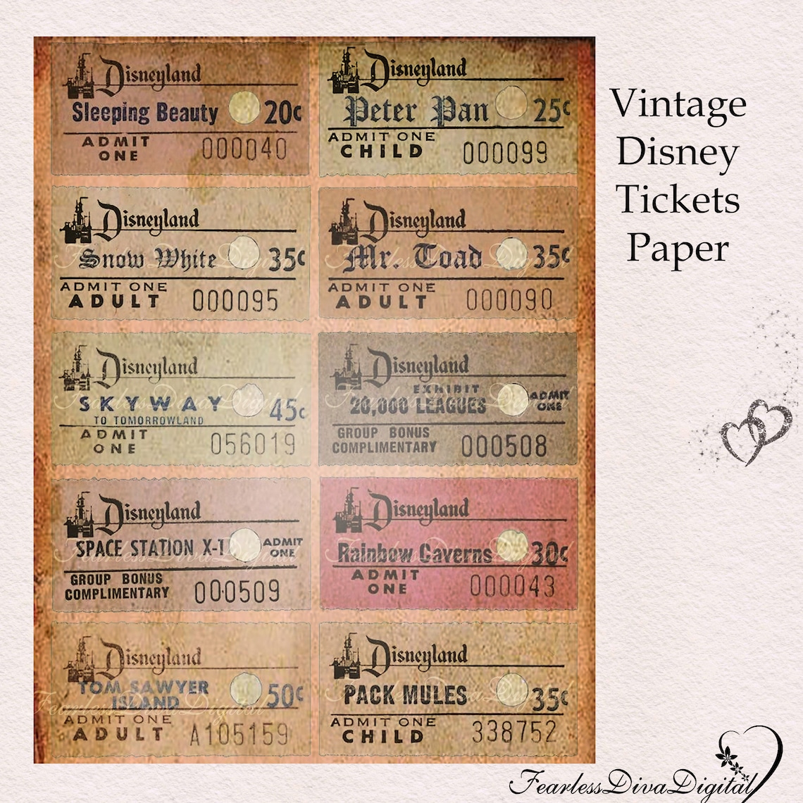 PRINTABLE Digital Vintage Disneyland Tickets Scrapbook Paper | Etsy