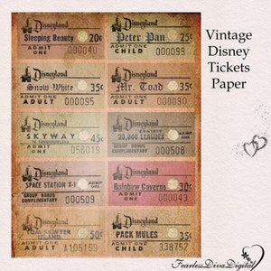 PRINTABLE Digital Vintage Disneyland Tickets Scrapbook Paper  11x8.5&quot; 300 dpi  Instant Download