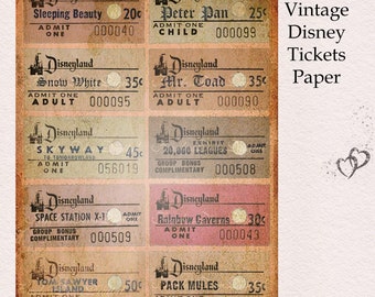 PRINTABLE Digital Vintage Disneyland Tickets Scrapbook Paper  11x8.5" 300 dpi  Instant Download