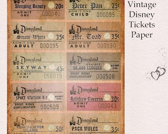 May include: Vintage Disneyland ticket stubs with faded pink and brown paper. The tickets are for Sleeping Beauty, Peter Pan, Snow White, Mr. Toad, Skyway to Tomorrowland, 20,000 Leagues Under the Sea, Space Station X-1, Rainbow Caverns, Tom Sawyer Island, and Pack Mules. Each ticket has a price and a unique ticket number.