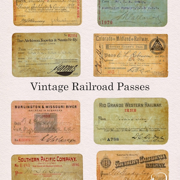 Digital Vintage Railroad Passes  PRINTABLE  Instant Download 8.5x11 Inch Sheet of Passes  8 Passes