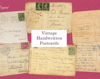 May include: A collection of vintage postcards with handwritten messages. The postcards are in various shades of yellowed cream and have different stamps and markings. The text on the postcards includes greetings, addresses, and dates.