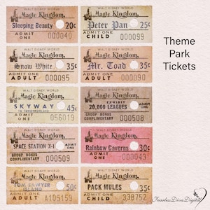 PRINTABLE Digital Vintage Theme Park Tickets Antique Tickets Magic Kingdom Tickets