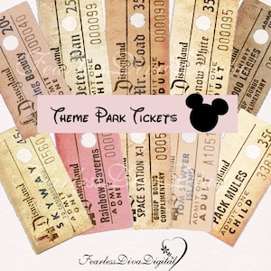 Printable Digital Theme Park Tickets 2x4&quot; Instant Download Printable Junk Journal Ephemera Antique Tickets  Vintage Tickets