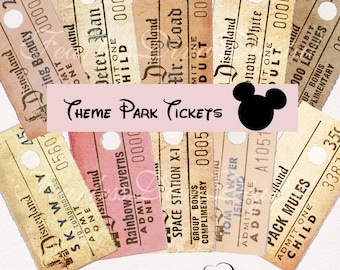 Printable Digital Theme Park Tickets 2x4" Instant Download Printable Junk Journal Ephemera Antique Tickets  Vintage Tickets