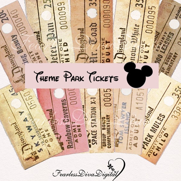 Printable Digital Theme Park Tickets 2x4" Instant Download Printable Junk Journal Ephemera Antique Tickets  Vintage Tickets