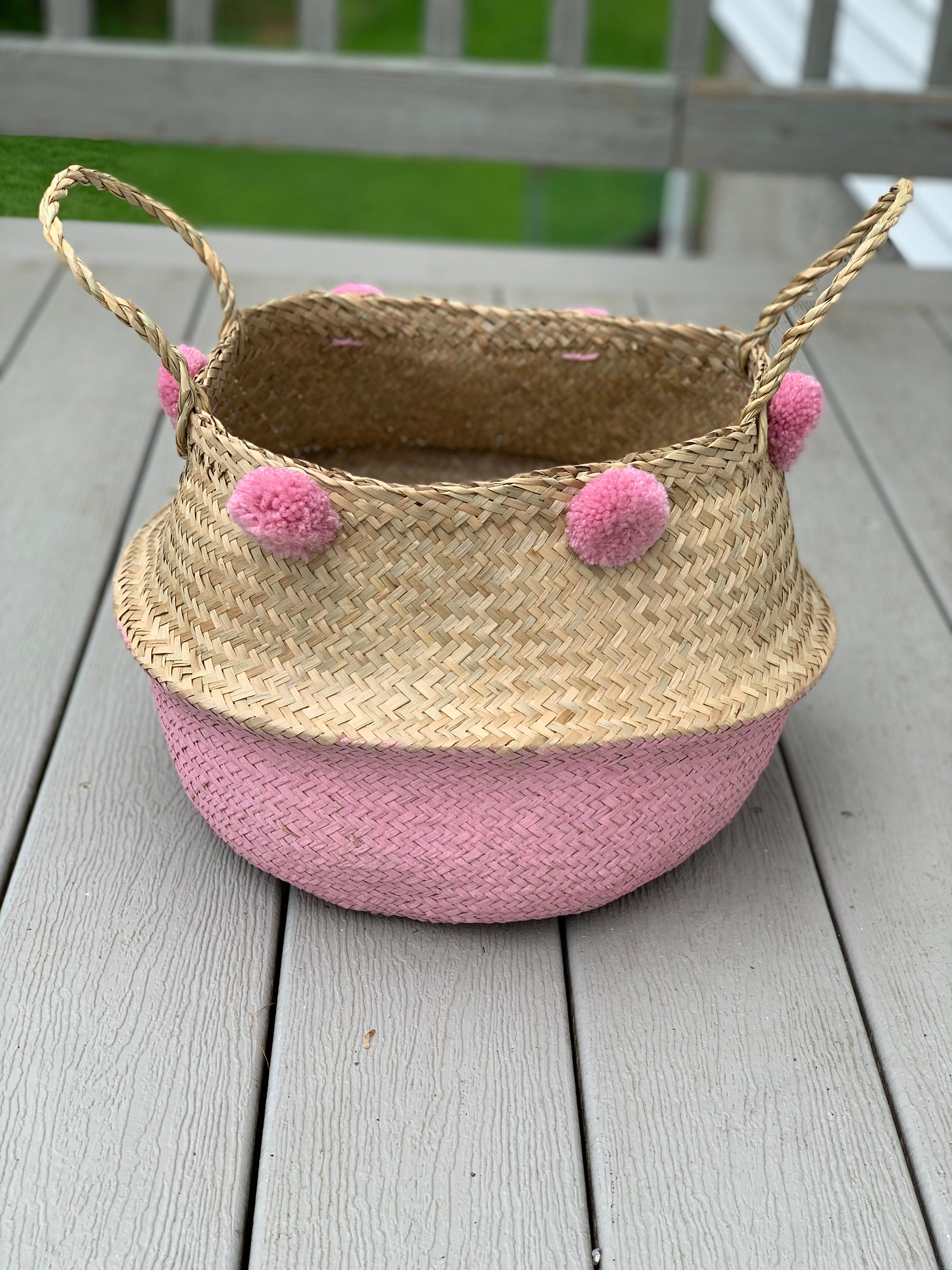 Handcrafted Natural Seagrass Baskets Pink With Pink Pompoms Etsy UK