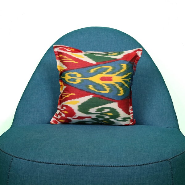 Decorative pillow, Ikat pillow cover, ikat throw pillow, cotton ikat, red, white, yellow, blue and green ikat pillow case 18X18