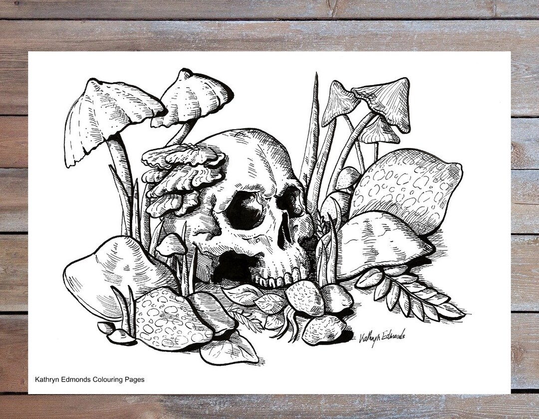 Gothic Skull Colouring Page Hiding Among Mushrooms Adult - Etsy