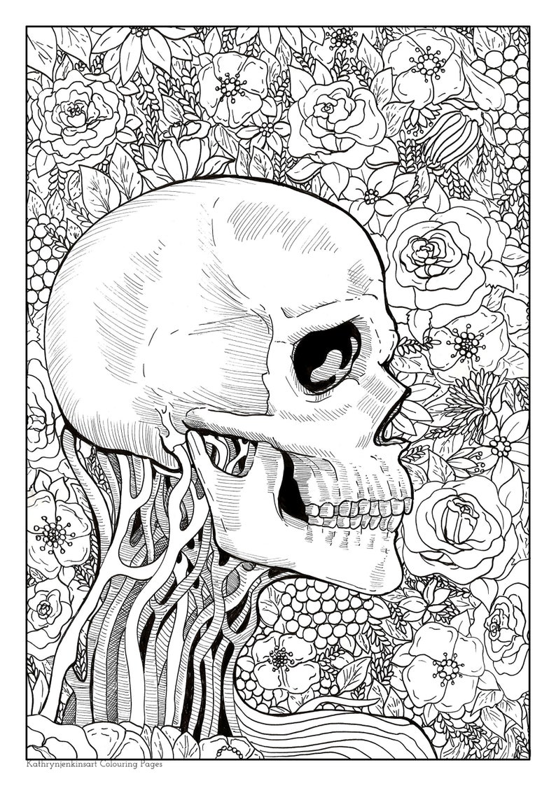 Gothic Skull Coloring Page for Adults Bark Queen Flower | Etsy
