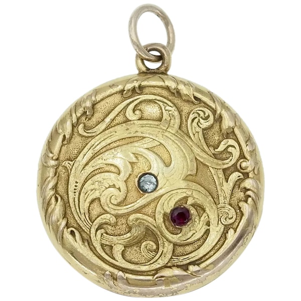 Antique Repousse Locket in 14k Gold with Diamond and Ruby