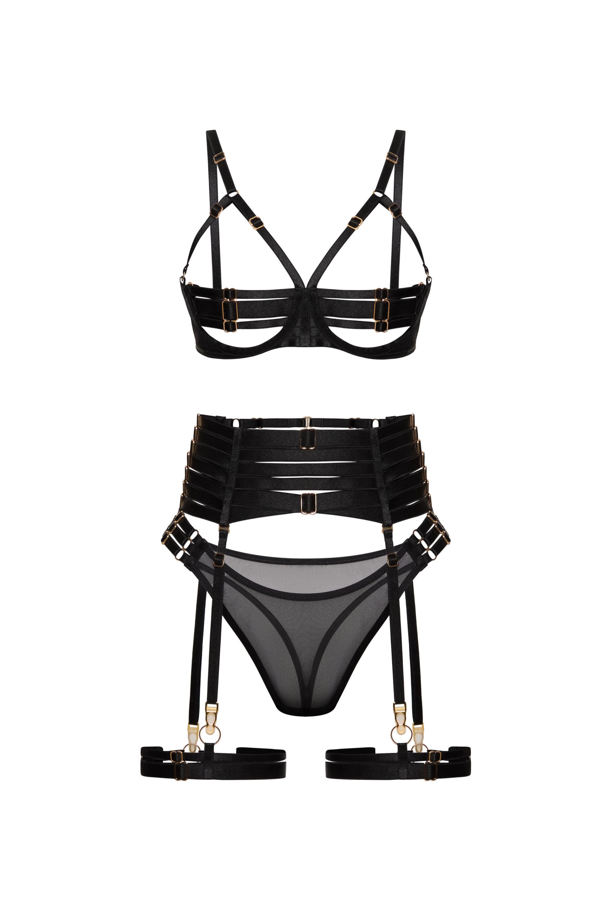 Black Harness Lingerie 4pc Set - Etsy