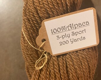 100% Hilo de Alpaca / Producto de EE.UU. / Dakota del Norte levantado / 3-ply Sport/ 200 Yardas / Natural / Hilo de Chocolate / Mill Spun