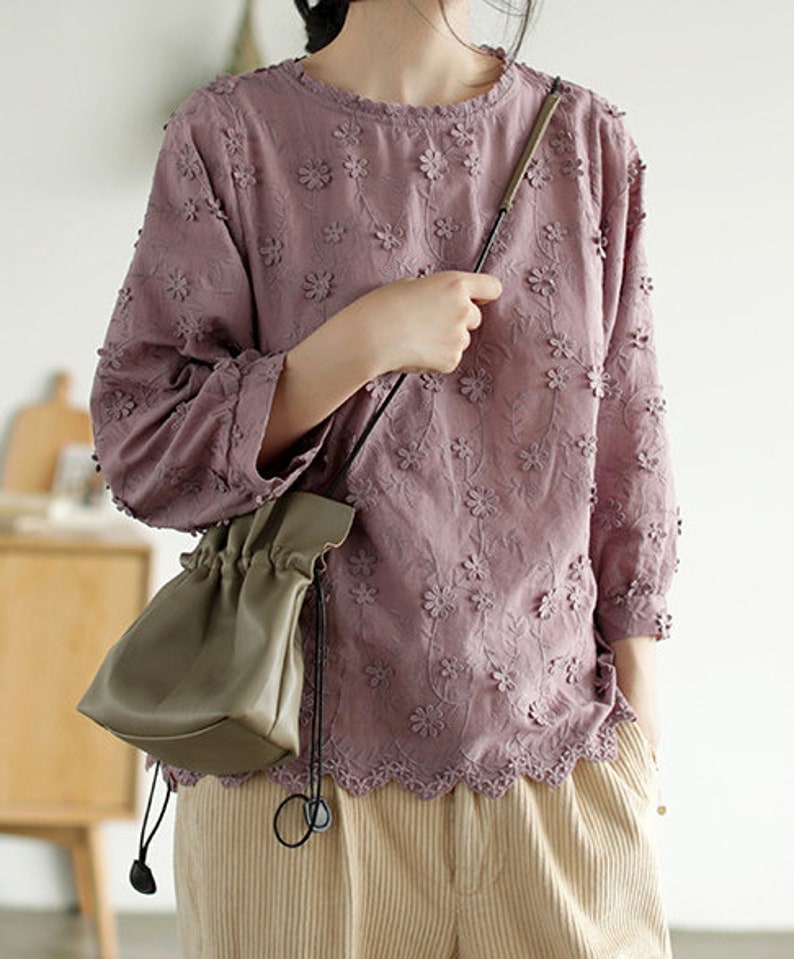 Women/'s Fashion Unique Design Handcrafted Flower 34 Long Sleeve Blouse Cotton Shirt Tops