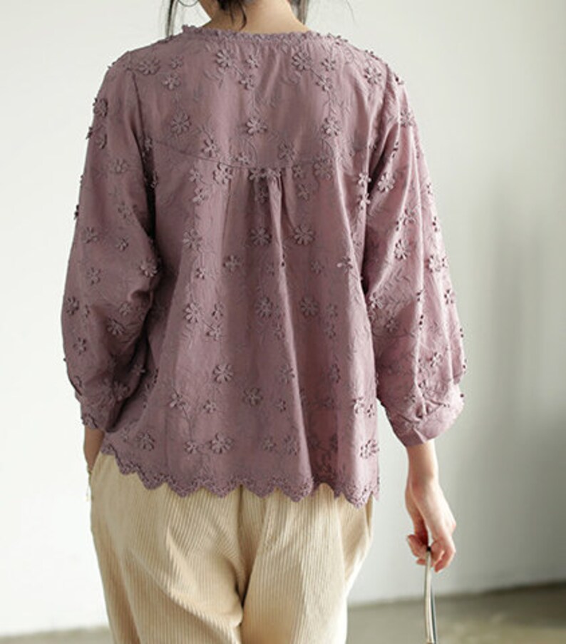 Women/'s Fashion Unique Design Handcrafted Flower 34 Long Sleeve Blouse Cotton Shirt Tops