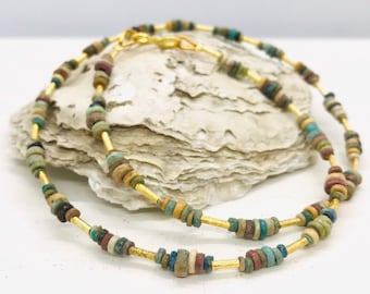 Ancient Egyptian necklace with mummy beads, faience and gold accents, 2500 years old, old Egyptian jewelry, ancient beads, ancient necklace