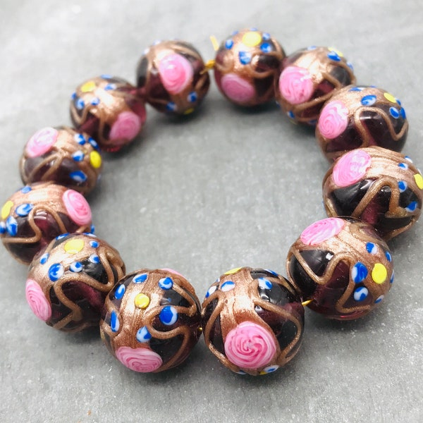 Venetian wedding cake beads, vintage Murano glass beads, fiorato beads, lampwork bead, 15 mm Venetian glass beads, beads for jewelry