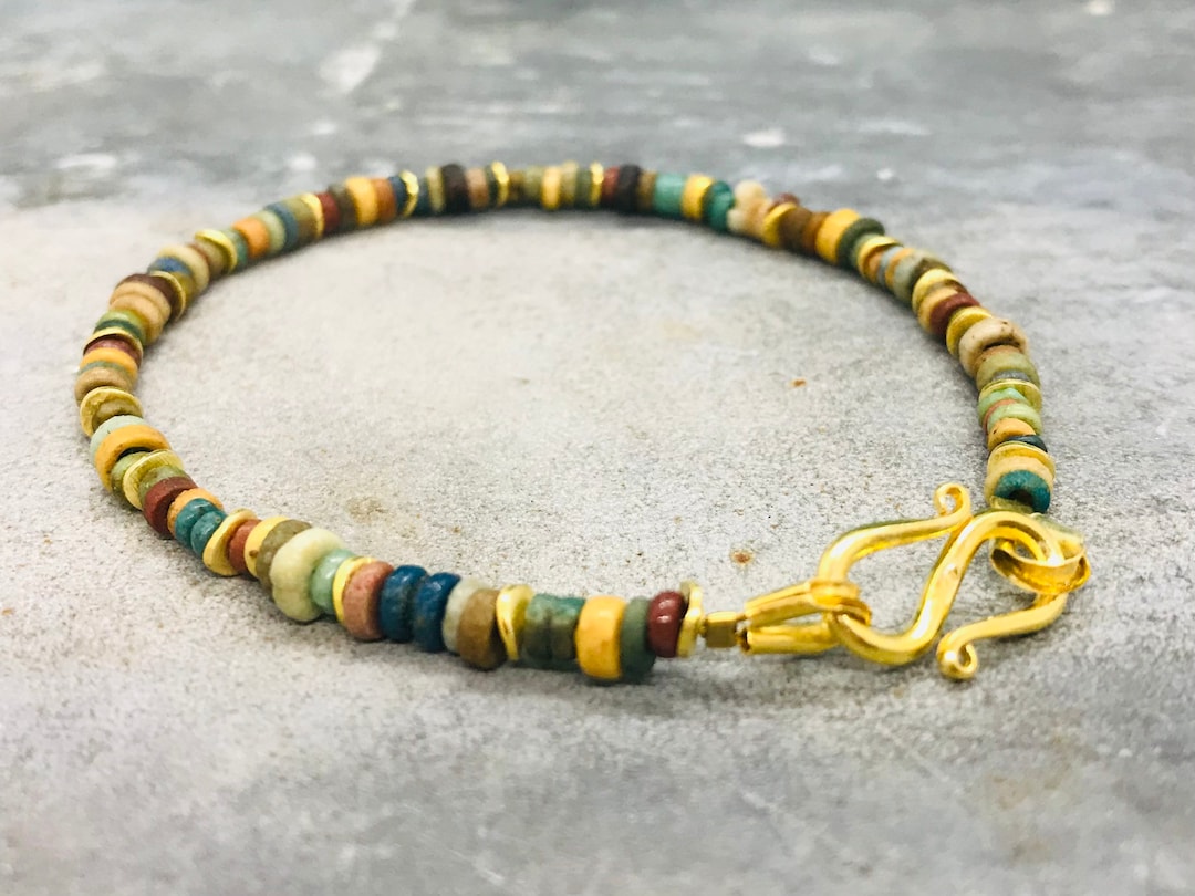 Egyptian Bracelet With Ancient Mummy Beads, Faience and Gold Accents
