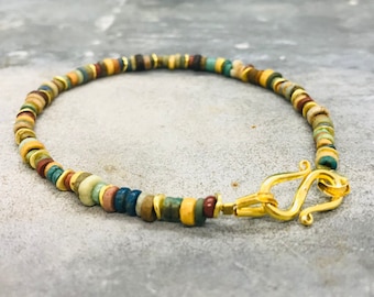 Egyptian bracelet with ancient mummy beads, faience and gold accents, 2500 years old, Egyptian jewelry with mummy beads, ancient bracelet
