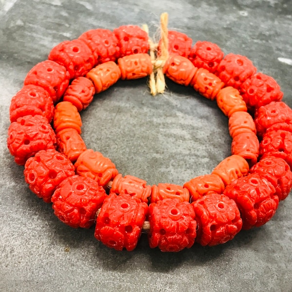 Vintage Chinese coral glass beads, carved Chinese beads, carved glass flower beads, vintage beads, carved coral beads, carved glass beads