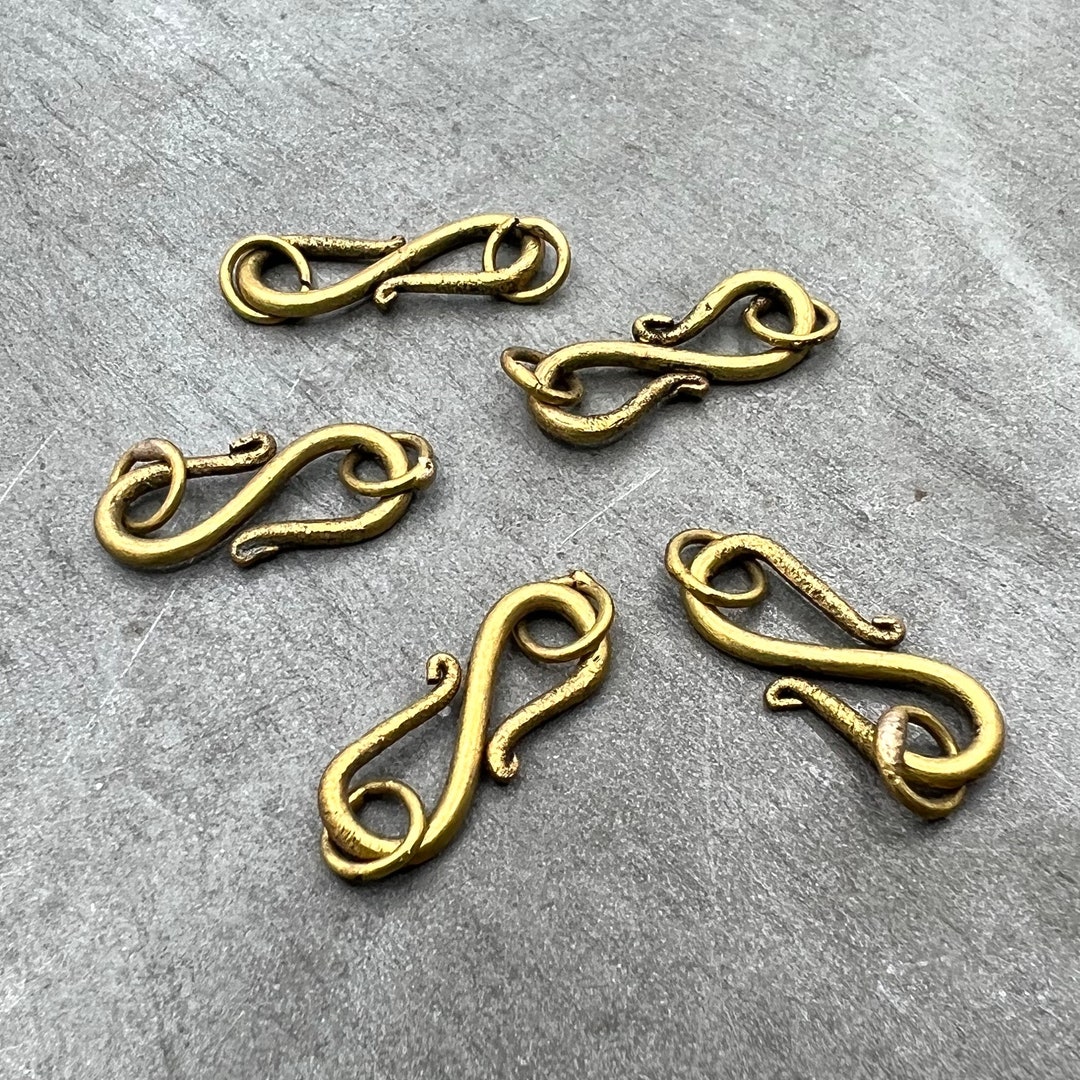 5 Small Brass S Hook Clasps for Tribal Jewelry, S Clip, Fastener