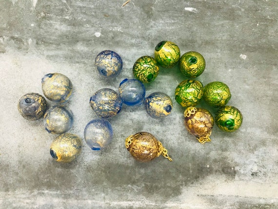 Blown Venetian Bead, Murano Glass Bead, Blown Glass Beads, Hand Blown Glass  With Gold Foil, Foil Beads, Blown Glass Balls for Glass Jewelry 