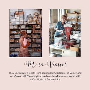 May include: Two images of a woman in a warehouse in Venice, Italy. The first image shows the woman looking at shelves filled with boxes and jars. The second image shows the woman weighing a bag of beads on a scale. The text on the image reads "Me in Venice! I buy uncirculated stocks from abandoned warehouses in Venice and on Murano. All Murano glass beads are handmade and come with a Certificate of Authenticity."