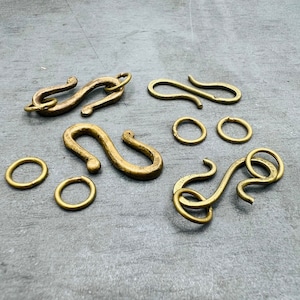 4 brass s hook clasps for tribal jewelry, jewelry clasps, s clip, fastener, connector clasp, hooked clasp for tribal necklace or bracelet