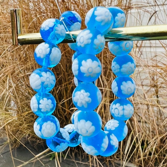 2 vintage millefiori beads, Venetian beads, Murano glass beads, artisan glass beads, hand made lamp work floral beads, frosted summer beads