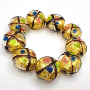2 vintage Venetian puffed round gold foil beads, high end Murano glass beads, vintage Venetian beads for jewellery making, fancy beads