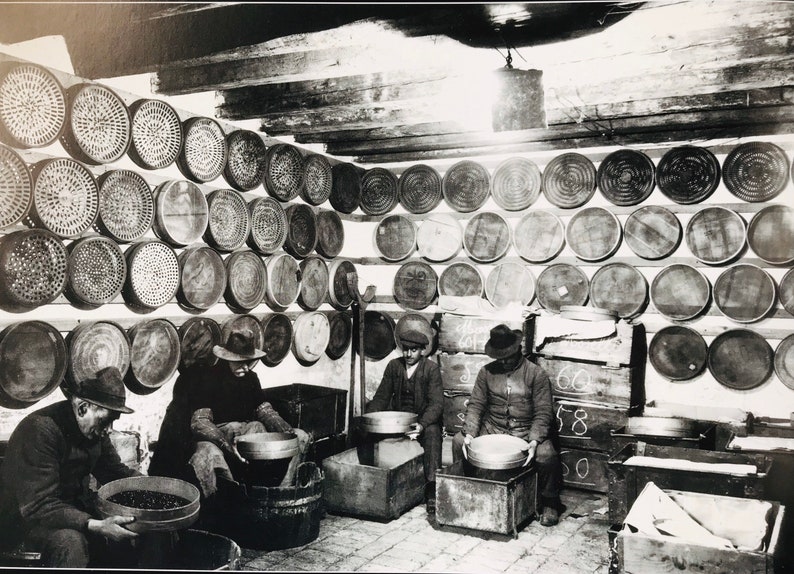 May include: Black and white photo of a room with four people sorting through a large quantity of round, woven baskets. The baskets are hanging on the walls and stacked on shelves. The people are wearing hats and are sitting at tables with bowls in front of them.