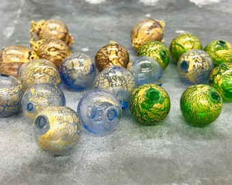 Blown Venetian bead, Murano glass bead, blown glass beads, hand blown glass with gold foil, foil beads, blown glass balls for glass jewelry