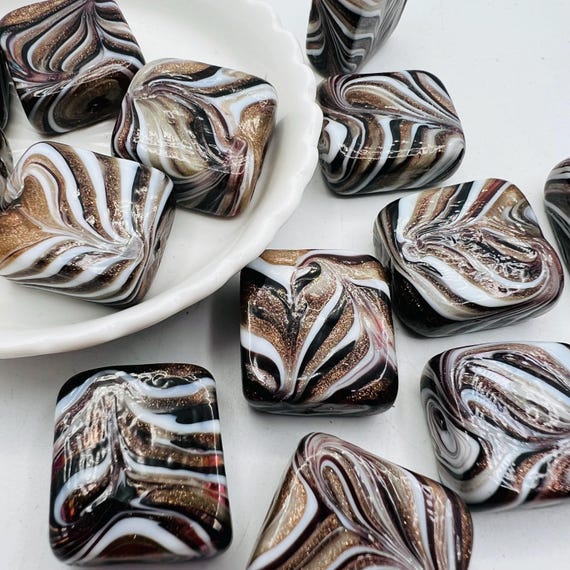 2 Square Murano Glass Beads, Venetian Feather Beads With 