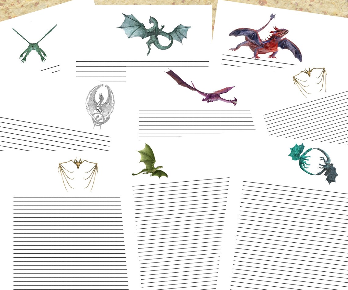 Printable Lined Journal Pages – Dragon Designs 8.5x11 Instant Download/writing Paper/printable ...