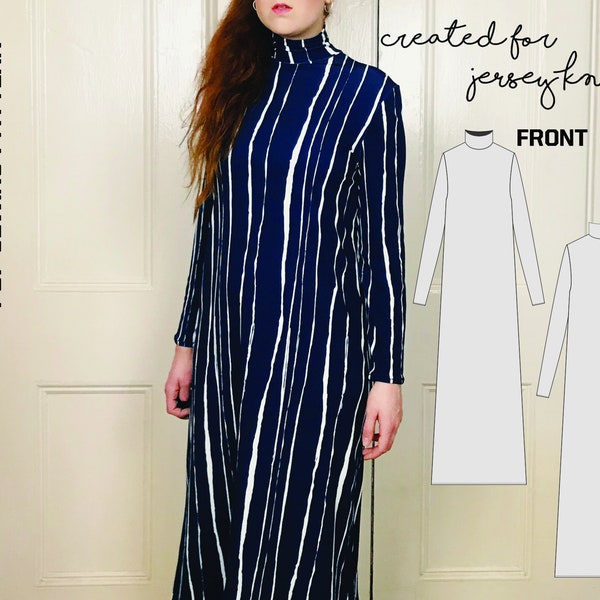 Turtleneck Dress - Pdf Sewing Pattern / Ladies Long Sleeved Loose Dress for Knitted Fabrics / Instant Download US Letter + A4