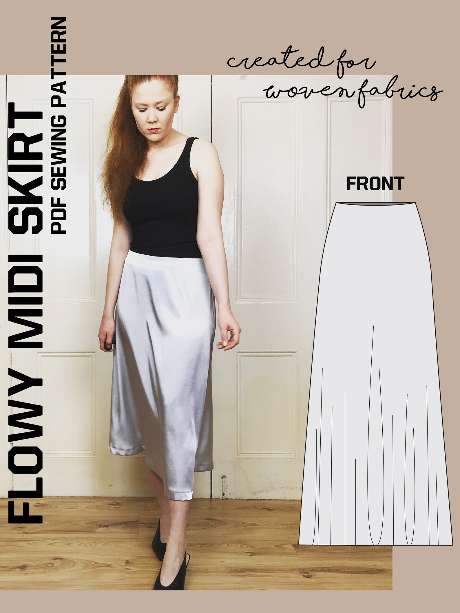 FLOWY Midi SKIRT Pdf Sewing Pattern / Ladies for Woven Fabrics