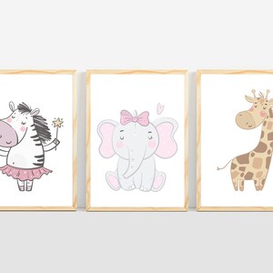 Safari nursery prints, set of three baby girl nursery prints with safari animals, nursery wall decor.