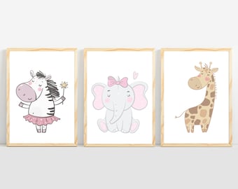 Safari nursery prints, set of three baby girl nursery prints with safari animals, nursery wall decor.