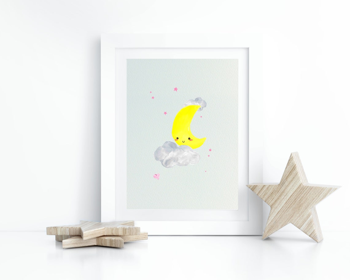 Moon and Stars Nursery Art Baby Room Wall Art Cute Moon Etsy