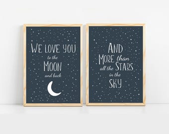 Cosmic Nursery Print: Space-Themed Wall Art for Baby Boy's Room  - We Love You to the Moon and Back - Set of Two Printable Digital Artwork