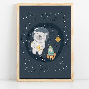 Space-Themed Nursery Wall Art: Galaxy Prints for Baby's Room, Kids Bedroom Decor, Cosmic Artwork for Toddler, Small Child Teddy Bear Poster