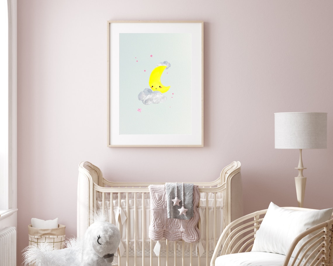 Moon and Stars Nursery Art Baby Room Wall Art Cute Moon Etsy